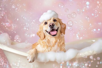 Happy golden retriever enjoying a bubble bath with foam on head.