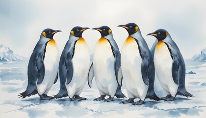 Obraz premium A group of penguins standing on ice, with a snowy background. Watercolor painting 
