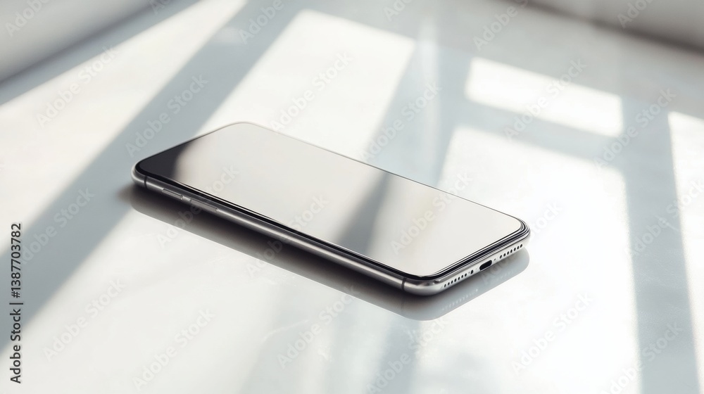 Leinwandbilder Modern smartphone on clean white surface with diffused light and minimalist design creating a sleek technology aesthetic