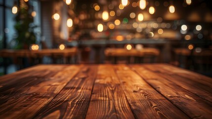 Empty wooden table with christmas theme in background, Warm Glow: A Cozy Evening at a Wooden Table