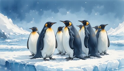 A group of penguins standing on ice, with a snowy background. Watercolor painting 