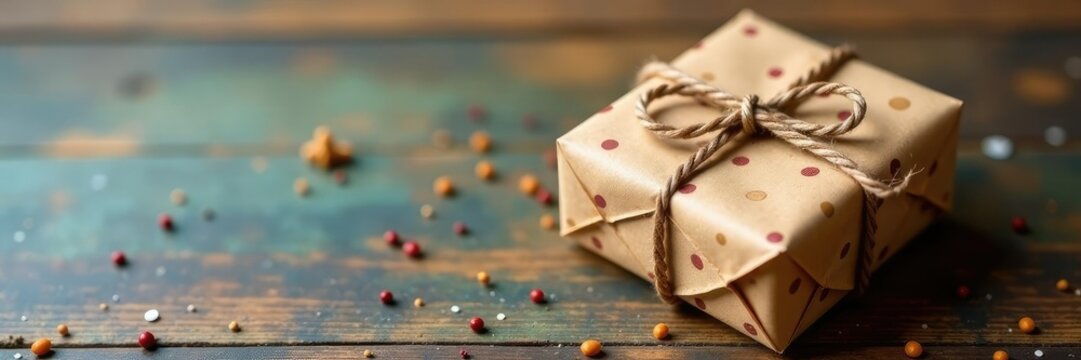 Dotted gift wrapped with brown paper and twine, earthy, present, package