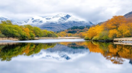 A serene lake reflects snow-capped mountains and autumnal trees. The composition is balanced, with vibrant yellows and greens mirroring in the calm water. High-resolution image with soft, natural li