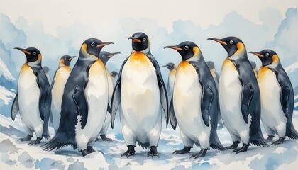 Fototapeta premium A group of penguins standing on ice, with a snowy background. Watercolor painting 