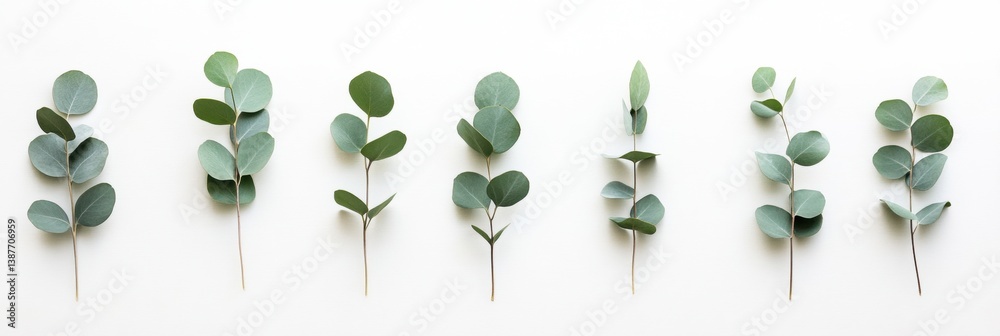 Aufkleber Eucalyptus leaves arranged in a structured flat-lay on a soft white surface showcasing fresh botanical minimalism