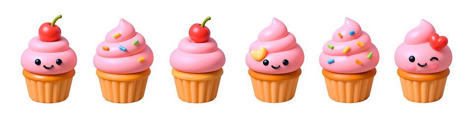 Sweet Cupcake Ensemble: A delightful array of six charming cupcakes, each crowned with pink frosting and adorned with sprinkles and playful accents. 