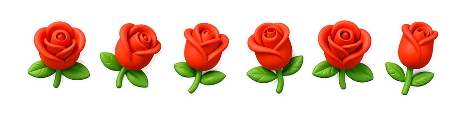 Red Rose Array: A visual symphony of elegance unfolds, showcasing six radiant red roses, each meticulously captured in their prime.  The blossoms stand proudly, vibrant against a serene background.