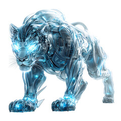 A Mechanical Lion with Glowing Accents and Metal Isolated on Transparent Background