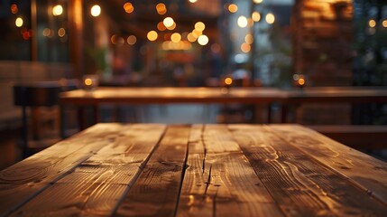 Empty wooden table with christmas theme in background, Warm Glow: A Cozy Evening at a Wooden Table