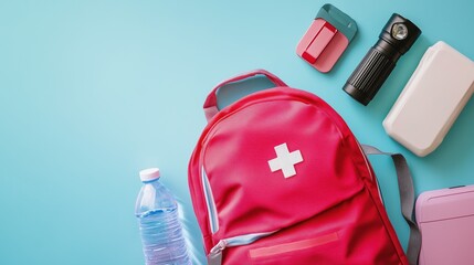 Emergency survival backpack kit with essential supplies including water, flashlight, first aid, and food for disaster preparedness and personal safety planning