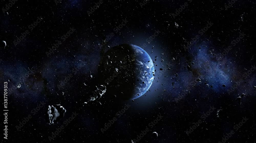 Sticker planet earth with many asteroids, 3d rendering