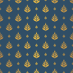 Luxury golden seamless pattern background with stylized leaves and flowers or cereals elements. Vintage Asian or Arabian style backdrop. Seamless pattern with gold wheat ears on dark blue background.