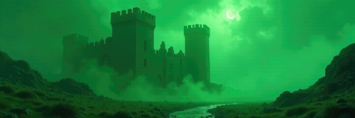 Green vapors swirl around the crumbling walls of an ancient castle, foreboding mood, eerie ambiance