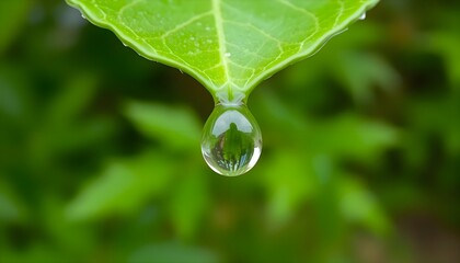 Fototapeta premium drop of water hanging from a green leaf