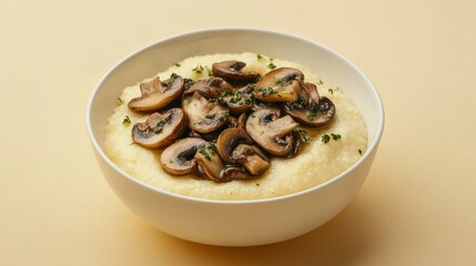 Creamy polenta with sauted mushrooms on soft yellow background cinematic hyperrealism