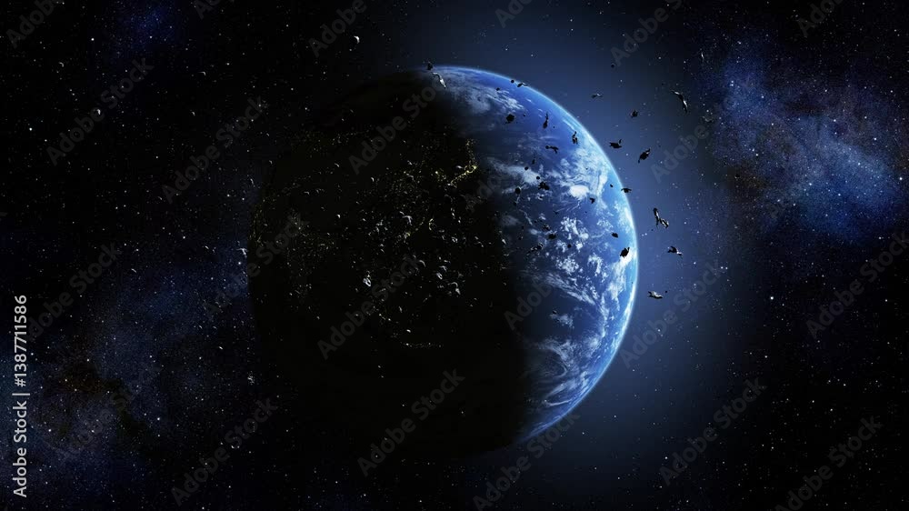 Poster planet earth with many asteroids, 3d rendering