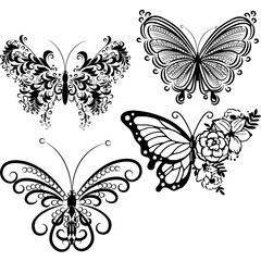4 Ornate Black and White Butterfly Illustrations - Intricate Wing Designs and Decorative Patterns 