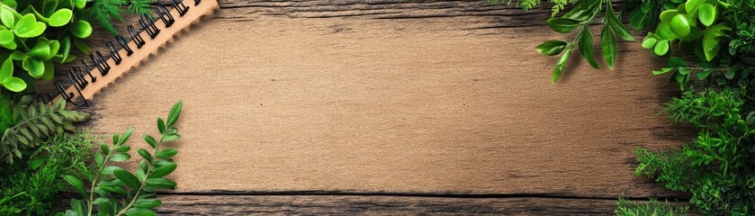 Fototapeta premium Fresh greenery on rustic wooden surface