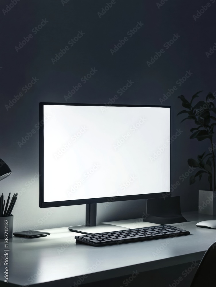 Aufkleber Sleek desktop monitor illuminating a modern workspace with minimalistic design and soft shadows at night