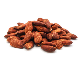 A neat pile of almonds rests on a clean white background, highlighting their natural brown tones and smooth, oval shapes