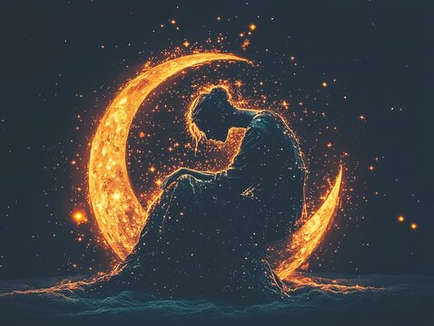 Solitude's Embrace: A figure is embraced by the warm light of a crescent moon. Reflecting themes of introspection, tranquility, and the beauty found within the silent moments.