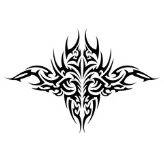 Symmetrical Tribal Tattoo Pattern in Black and White Representing Abstract Ornament or Body Art Design with copy space