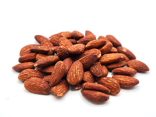 A neat pile of almonds isolated on a clean white background, highlighting their natural brown tones...