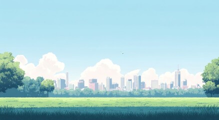 An animated illustration of a city and green landscape scenery