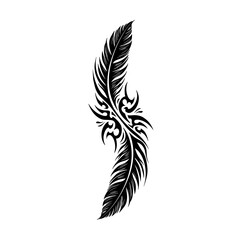 Obraz premium Stylized Feather with Tribal Pattern Tattoo Design in Black and White Representing Body Art or Symbol of Freedom with copy space