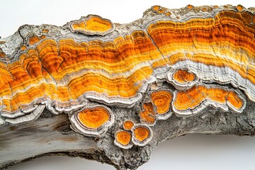 Obraz premium Colorful Bracket Fungus, Trametes versicolor, Turkey Tail Mushrooms on a Tree Branch