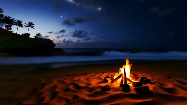 Campfire burning on remote beach under starry sky, with ambient light reflecting off sustainable coastal zone - Video 4K UHD 60 fps