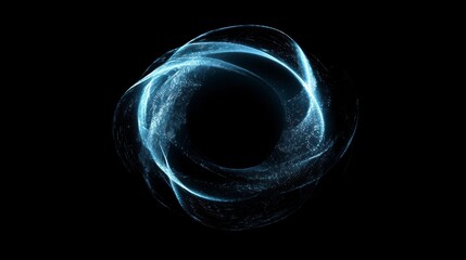 Abstract glowing blue circular light trails on black background.