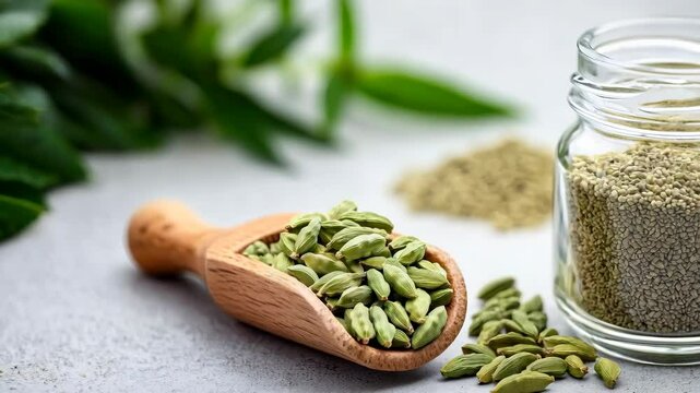 Fresh green cardamom pods, with crushed cardamom seeds and a glass jar. v2