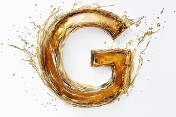 Letter G Liquid Gold Splash Forming Shape isolated on White Background, Abstract Art