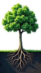 Isolated tree with roots exposed in the ground, foliage, isolated