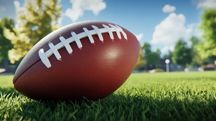 Obraz premium Realistic 3D rendering of American football ball resting on fresh green grass field in daylight. Concept of sports, competition, leisure, outdoor activity, and athletic equipment