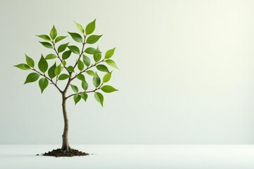 Obraz premium Lone sapling, delicate leaves, white backdrop, graphic, spring