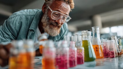 A cheerful scientist inspecting a variety of colorful chemical solutions in a laboratory, reflecting joy in exploration and the pursuit of scientific knowledge.