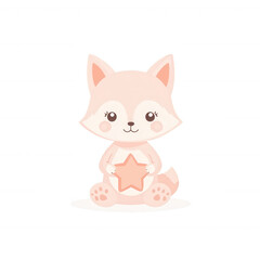 A cute cartoon fox character sitting down, holding a star. The illustration is designed with soft colors, perfect for children's materials or playful designs.