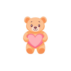 Obraz premium A cute cartoon teddy bear holding a pink heart, expressing love and affection. Ideal for children's designs, celebrations, or as a gift motif.