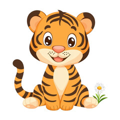 A cute cartoon tiger character sitting with a flower, featuring bright orange fur and friendly expression, perfect for children's illustrations.