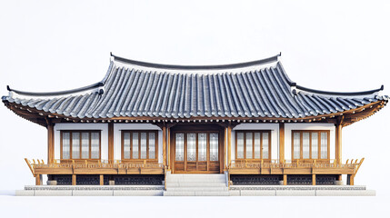 Obraz premium Traditional Korean house with wooden details and curved roof on white background
