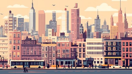 Obraz premium A Vibrant Day in New York City: Illustrative Cityscape of Manhattan Skyline with Busy Street and Public Transportation