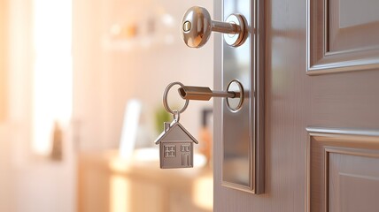 Obraz premium Key in Keyhole of a Wooden Door with Metal Handle