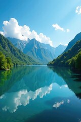 Fototapeta premium Serene lake amidst lush green mountains under the vast blue sky, serene lake, nature, blue sky