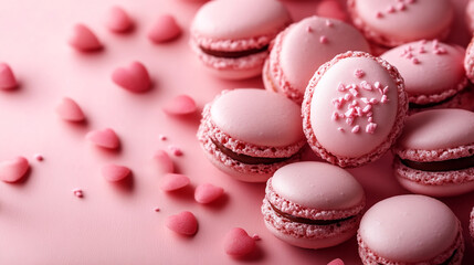 Fototapeta premium Pink Macarons with Decorative Hearts and Sprinkles on Pink Background