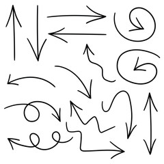 Hand drawn doodle set of arrows on white background.