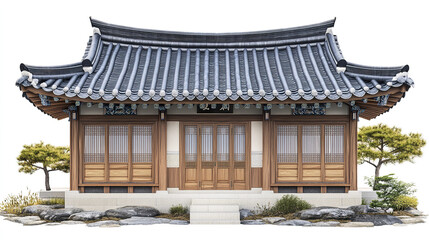Obraz premium Traditional Korean house with wooden doors and tiled roof on white background
