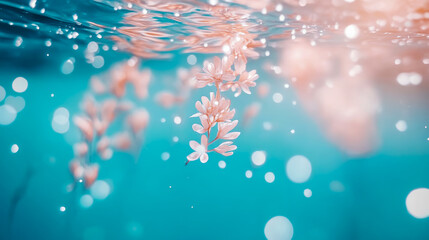 Abstract Underwater Bloom: Floral Dreamscape Under Turquoise Sea with Light Bubbles, Serene Summer