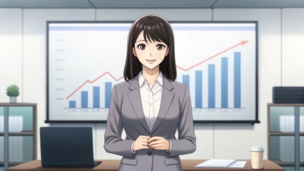 Fototapeta premium Businesswoman in a stylish suit presents her chart in front of the room Anime style